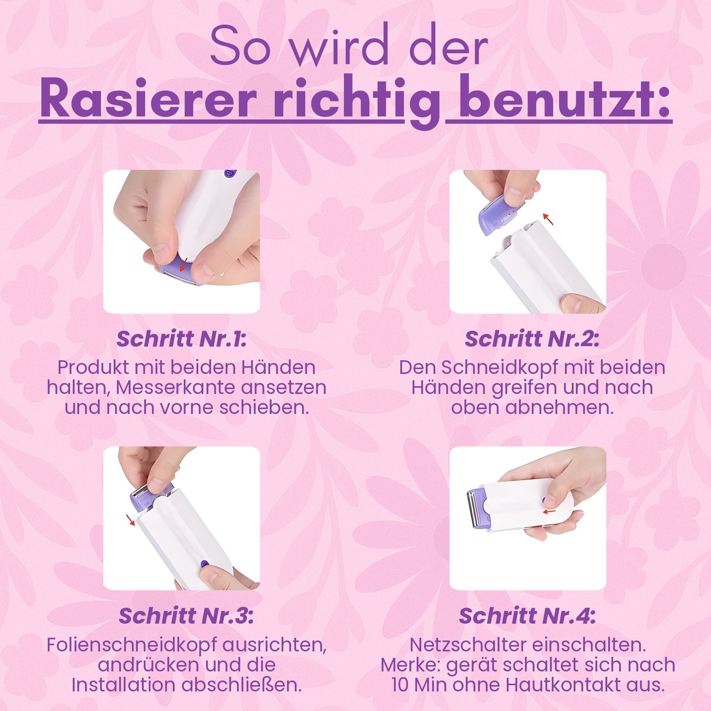 Schmerzfreier Damenrasierer mit Gesicht-, Bein- & Bikinimodus